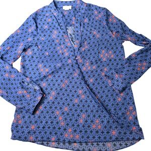 Maeve Blue Floral Print V Neck Long Sleeve Wrap‎ Blouse Top Size 2